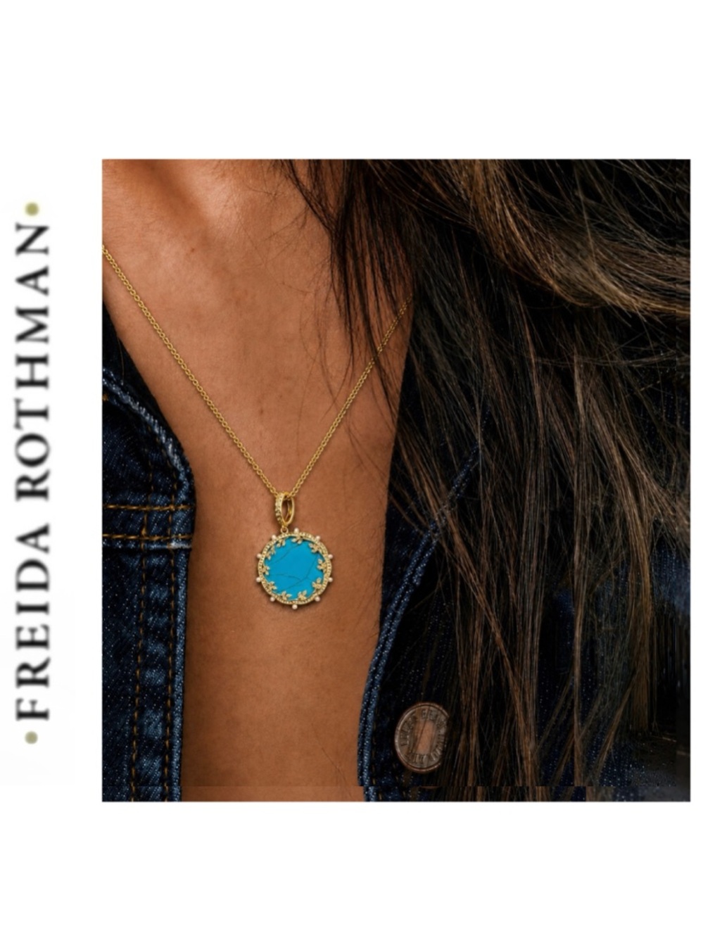 Freida Rothman Vault Brass-Based Radiant Turquoise  Medallion Necklace